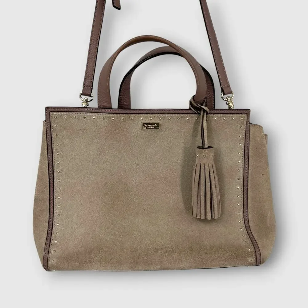 Kate Spade New York Suede & Leather Studded Satchel Tassel Crossbody Bag